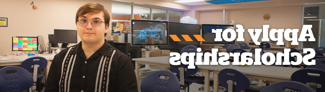 A Student sits smiling in a classroom. Associated text says "Apply for Scholarships"