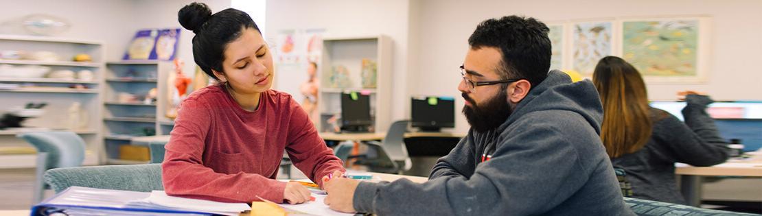 A student tutor assists another student in a Pima library common area